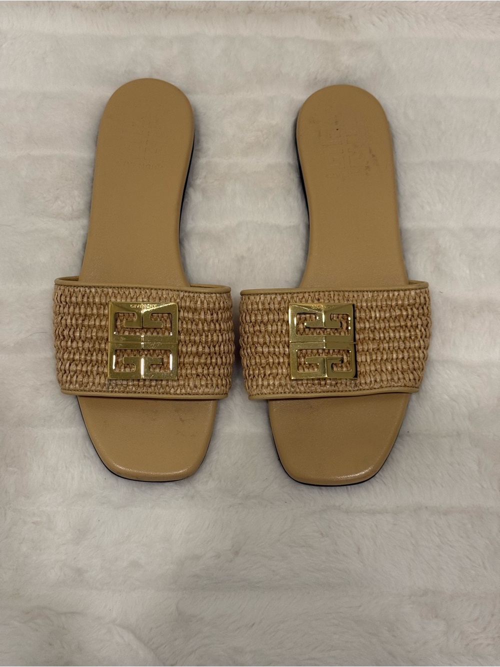 Givenchy Tan Raffia Slide Sandals with Gold Logo Plaques